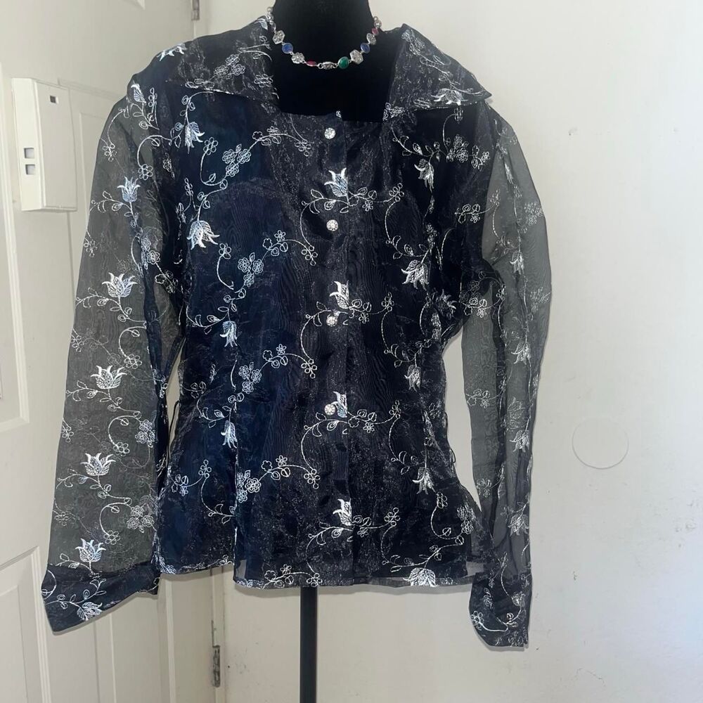 Msk Women's Navy and Silver Sheer Floral Embroidered Evening Party Blouse SZ XL - Picture 2 of 3